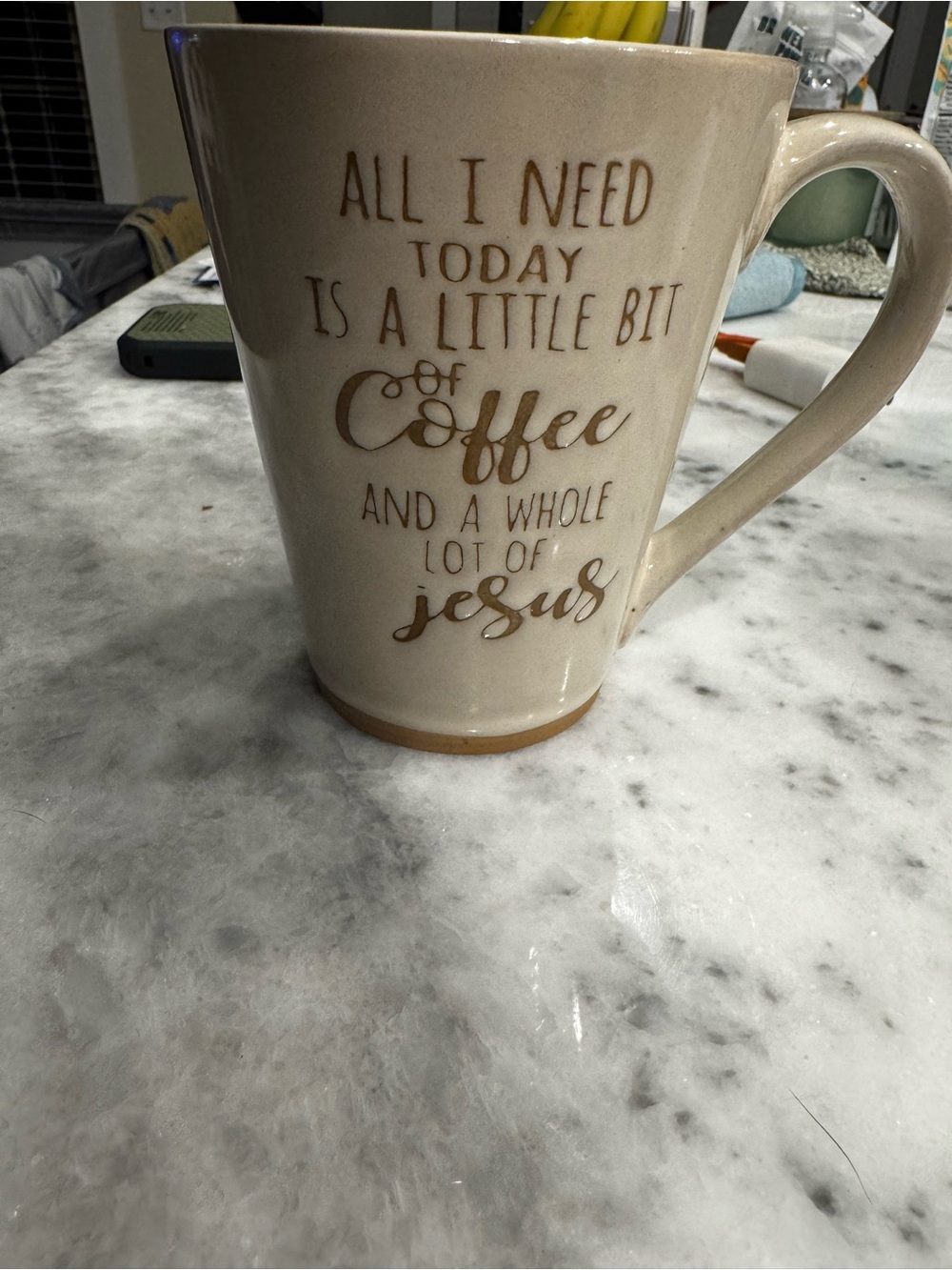Beige Stoneware Coffee Mug with Faith Quote